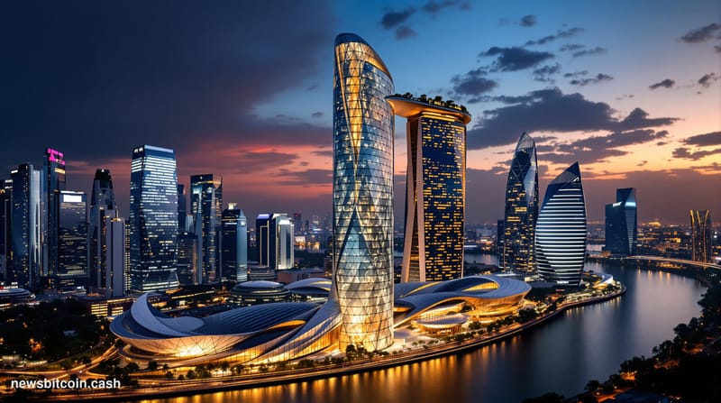 A cinematic photorealistic editorial photograph capturing Singapore's Marina Bay financial district at golden hour, with the 
