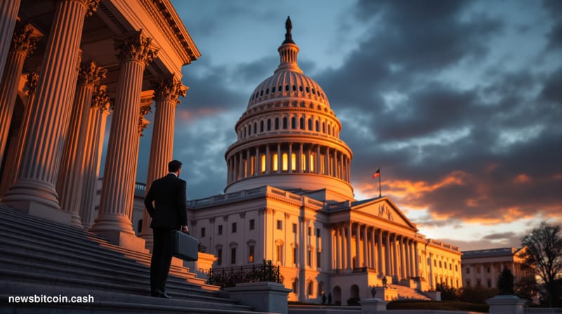 A cinematic photorealistic editorial photograph showing the United States Capitol building in Washington DC during golden hou