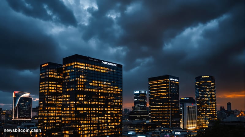 A cinematic photorealistic editorial photograph of Johannesburg's financial district skyline at dusk, with the iconic Carlton