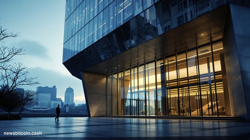 A cinematic photorealistic editorial photograph showing the imposing glass and steel facade of a South Korean police headquar