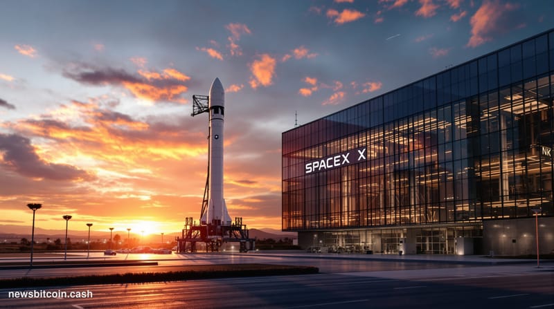 A cinematic photorealistic editorial photograph showing the iconic SpaceX headquarters and rocket manufacturing facility in H