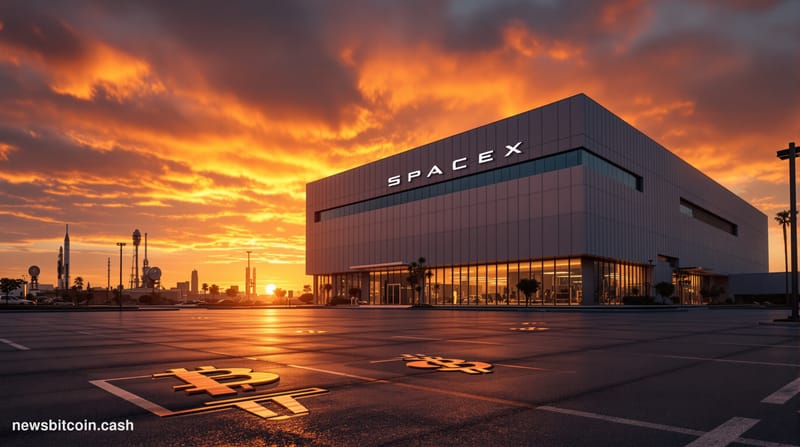 A cinematic photorealistic editorial photograph of SpaceX's Hawthorne headquarters at golden hour, shot from a low angle to e