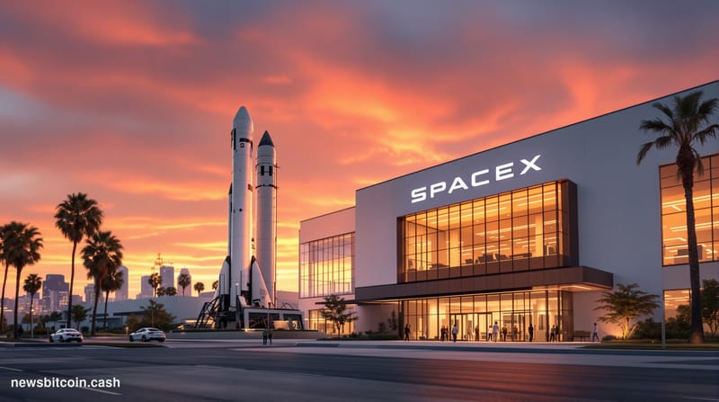 A cinematic photorealistic editorial photograph showing SpaceX's Hawthorne headquarters complex in California during golden h
