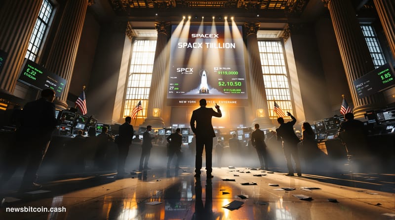 A cinematic photorealistic editorial photograph capturing SpaceX's historic IPO moment through the lens of Wall Street's trad