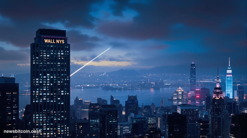 A dramatic photorealistic editorial photograph showing the stark contrast between American and Chinese financial districts at