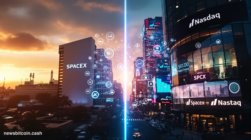 A cinematic photorealistic editorial photograph capturing SpaceX's historic market debut through a dramatic split-screen comp