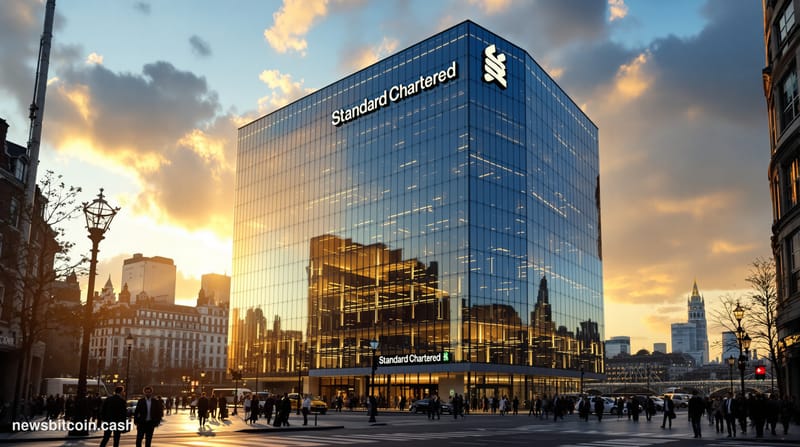 A cinematic photorealistic editorial photograph of Standard Chartered's imposing London headquarters building exterior during