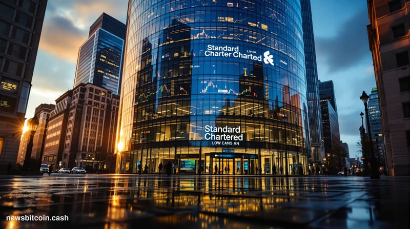 Cinematic photorealistic editorial photograph of Standard Chartered's iconic London headquarters at 1 Basinghall Avenue, shot
