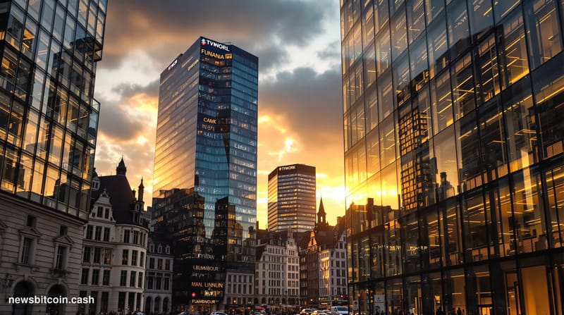 A cinematic photorealistic editorial photograph capturing the intersection of traditional banking and crypto custody infrastr