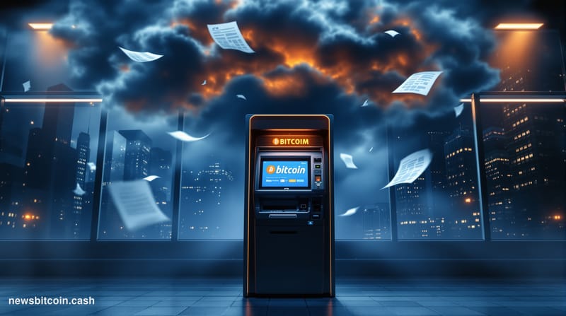 A cinematic photorealistic editorial photograph showing a Bitcoin ATM kiosk in an urban environment with dramatic shadows cas