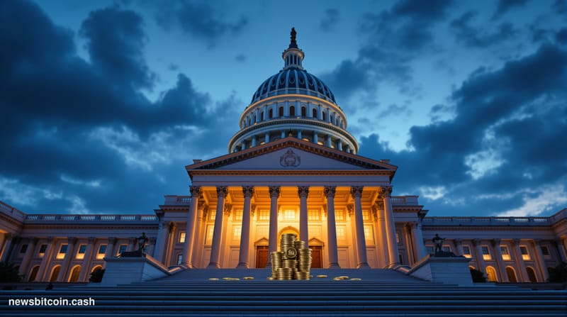 A cinematic photorealistic editorial photograph of the United States Capitol building dome against a dramatic twilight sky, s