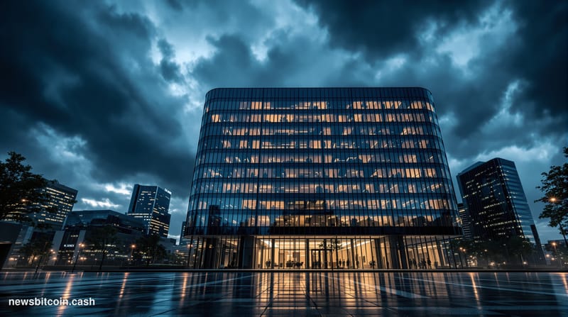 A cinematic photorealistic editorial photograph of a modern corporate headquarters building at dusk with dramatic storm cloud