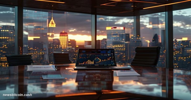 A cinematic photorealistic editorial photograph of a modern corporate boardroom with floor-to-ceiling windows overlooking a f