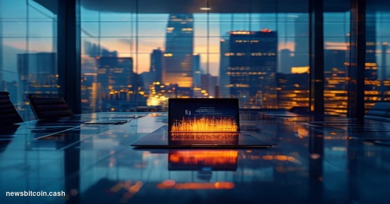 A cinematic photorealistic editorial photograph showing a modern corporate boardroom with floor-to-ceiling windows overlookin