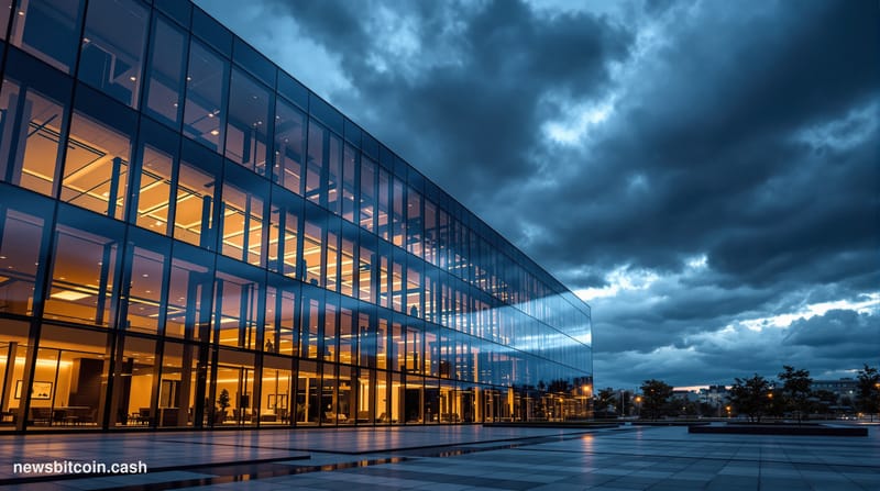 A cinematic photorealistic editorial photograph showing a modern corporate office building at dusk with dramatic storm clouds