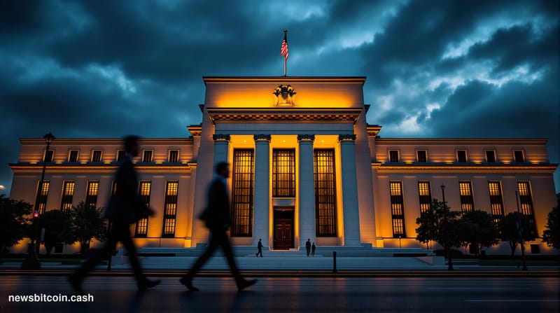 A cinematic photorealistic editorial photograph of the Federal Reserve building in Washington DC at dusk, shot from a low ang