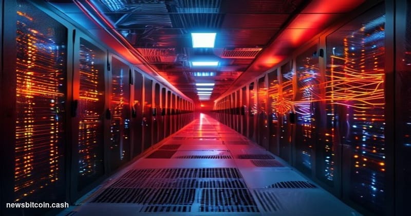 A cinematic photorealistic editorial photograph showing a sleek modern data center server room bathed in dramatic red warning