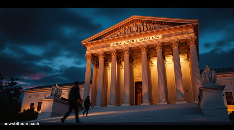 A cinematic photorealistic editorial photograph of the US Supreme Court building in Washington DC, captured during golden hou