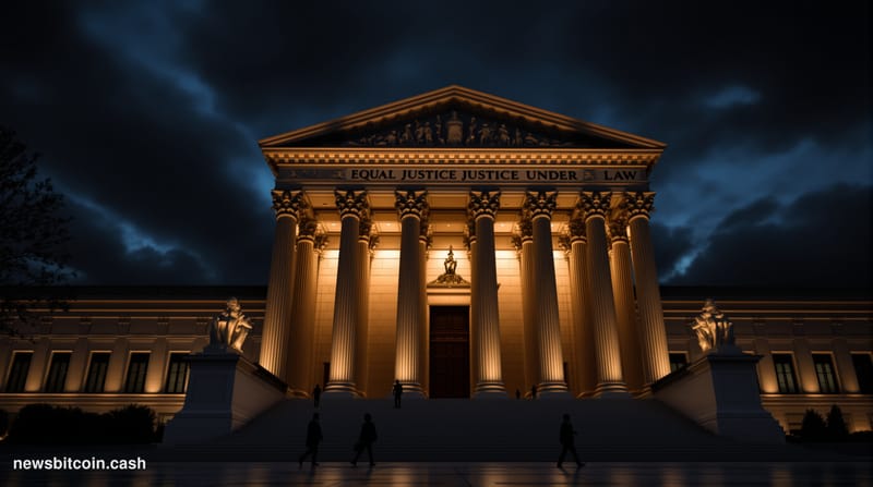 A cinematic photorealistic editorial photograph of the Supreme Court building in Washington DC at dusk, shot from a low angle