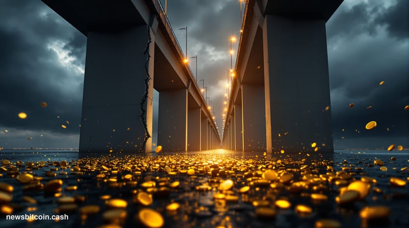 A cinematic photorealistic editorial photograph showing a dramatic cross-chain bridge visualization under attack, shot from a
