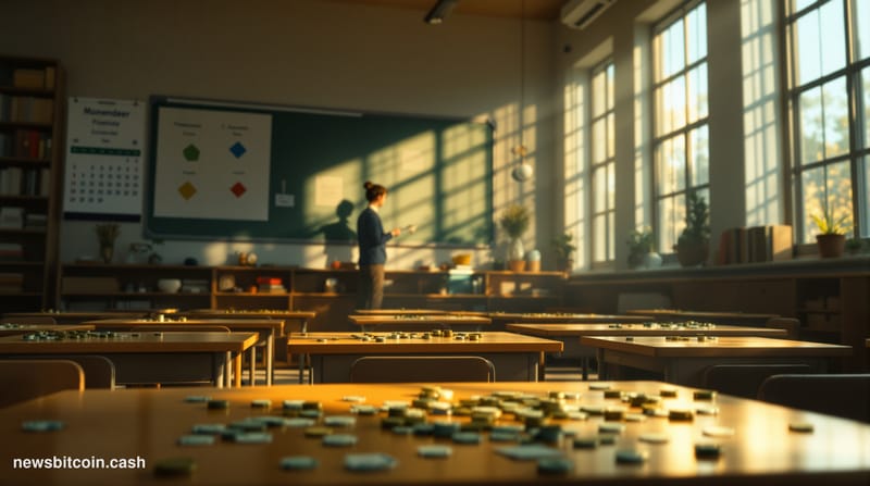 A cinematic photorealistic editorial photograph of a modern kindergarten classroom transformed into a monetary education spac