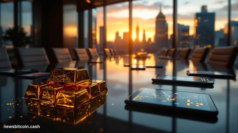 A cinematic photorealistic editorial photograph showing the convergence of traditional finance and digital assets. The scene 