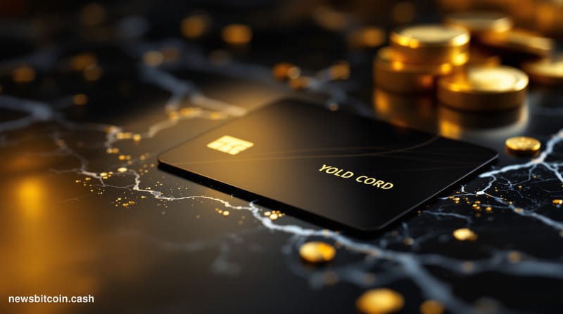 A cinematic photorealistic editorial photograph showing a sleek black Visa card with gold accents lying on a dark marble surf
