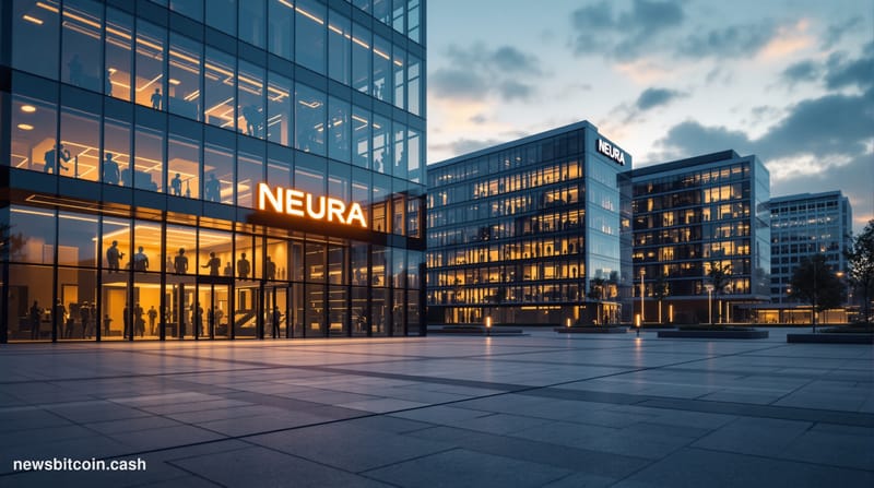 A cinematic photorealistic editorial photograph of a futuristic German technology campus at dusk, featuring sleek glass and s