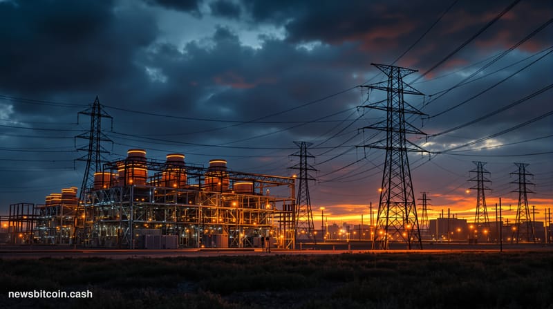 A dramatic cinematic photorealistic editorial photograph of a Texas industrial landscape at dusk, featuring massive cryptocur