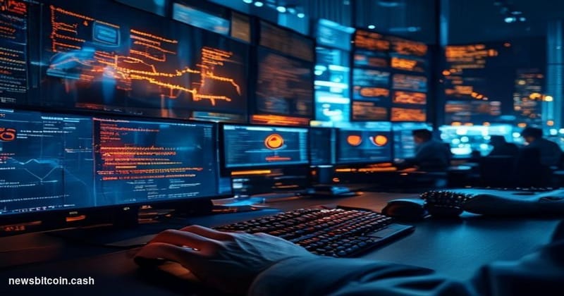 A dramatic cinematic photograph of a sleek modern blockchain security operations center at night, with multiple curved monito