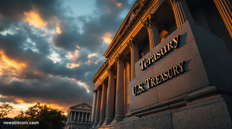 A cinematic photorealistic editorial photograph of the U.S. Treasury Building in Washington D.C., captured during golden hour