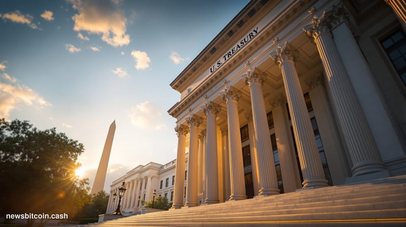 A cinematic photorealistic editorial photograph capturing the imposing neoclassical architecture of the U.S. Treasury Buildin