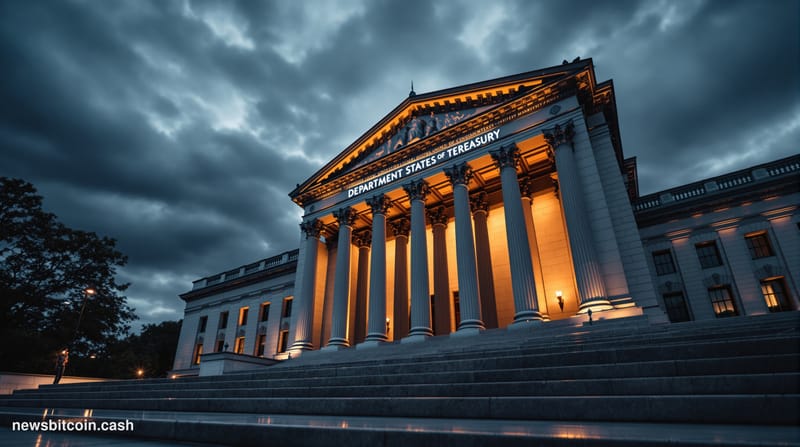 Cinematic photorealistic editorial photograph of the United States Treasury building in Washington DC, captured from a low an