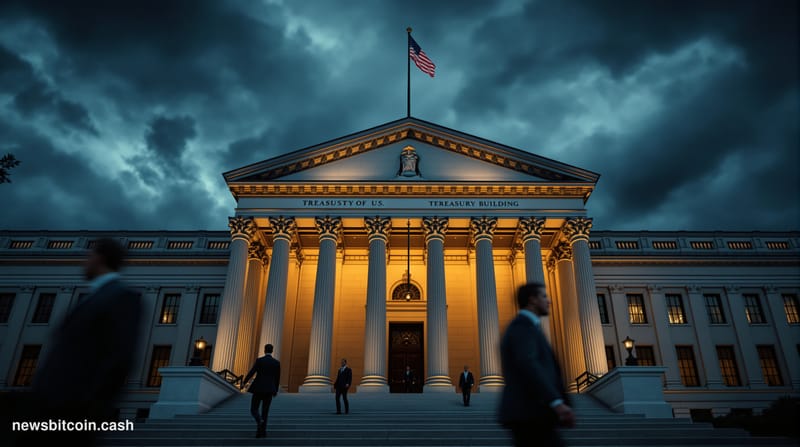 A cinematic photorealistic editorial photograph of the US Treasury Building in Washington DC at dusk, shot from a low angle t