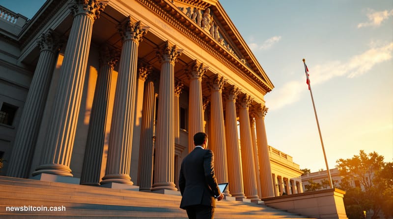 A cinematic photorealistic editorial photograph of the US Treasury Building in Washington DC at golden hour, with dramatic si