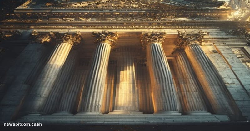 A dramatic photorealistic editorial photograph of the U.S. Treasury building in Washington D.C., shot from a low angle emphas