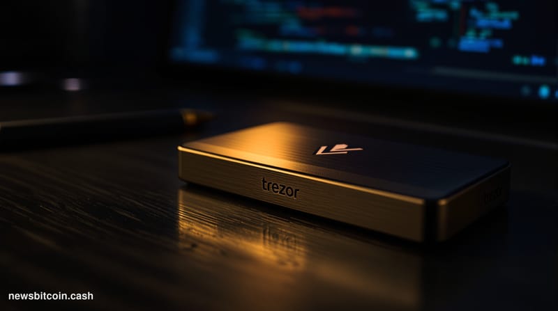 A cinematic photorealistic editorial photograph showing a close-up macro shot of a Trezor Safe 7 hardware wallet on a dark wo