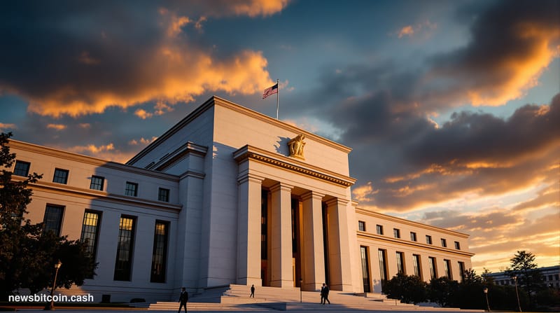 A cinematic photorealistic editorial photograph of the Federal Reserve building in Washington D.C. during golden hour, shot f
