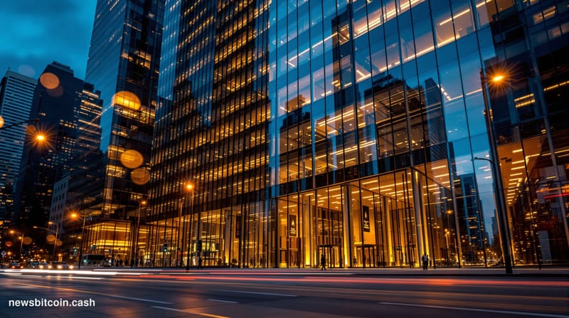 A cinematic photorealistic editorial photograph showing the exterior of a modern financial district building in Chicago (Bitn