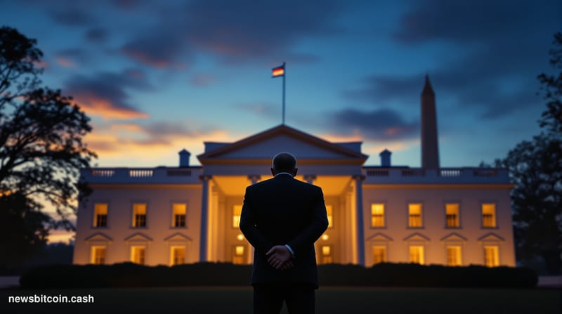A cinematic photorealistic editorial photograph showing the iconic North Portico of the White House at dusk, with dramatic go
