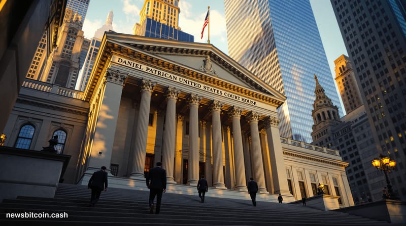 Cinematic photorealistic editorial photograph of the imposing Daniel Patrick Moynihan United States Courthouse in Lower Manha