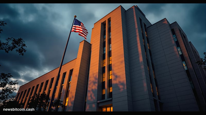 A cinematic photorealistic editorial photograph of the imposing Robert F. Kennedy Federal Building in Washington D.C., home t