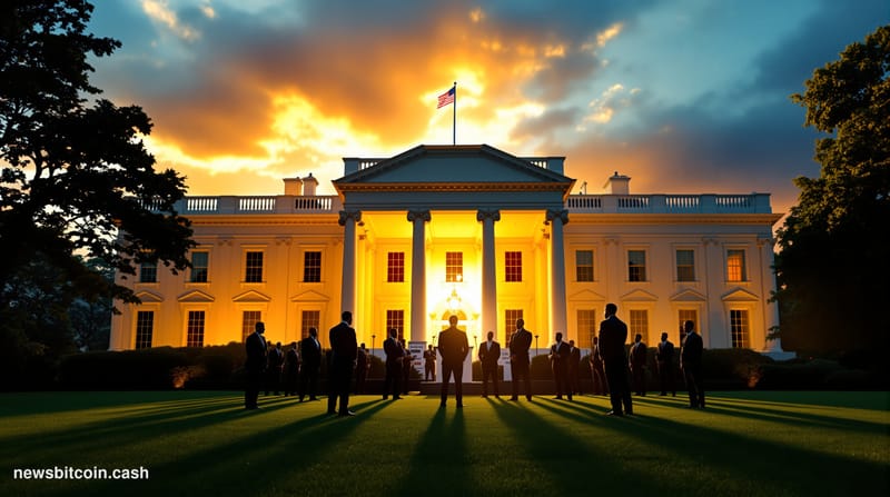 A cinematic photorealistic editorial photograph capturing the White House South Lawn during a formal presentation ceremony. T