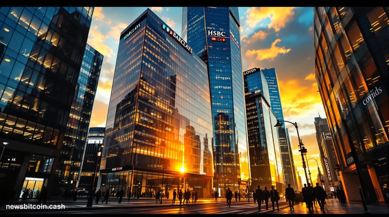 A cinematic photorealistic editorial photograph showing the iconic London financial district skyline with towering glass offi