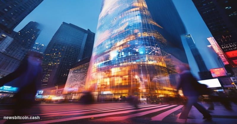 A cinematic photorealistic editorial photograph showing the iconic Nasdaq MarketSite building in Times Square, New York City,