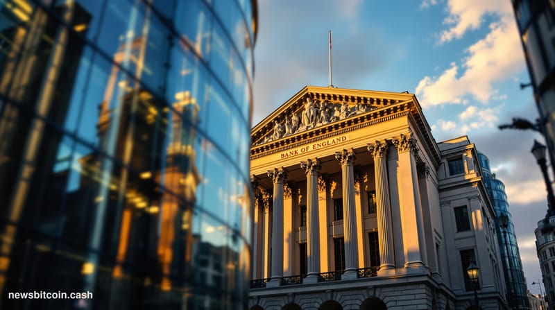 A cinematic photorealistic editorial photograph of the Bank of England's iconic neoclassical building in the City of London, 