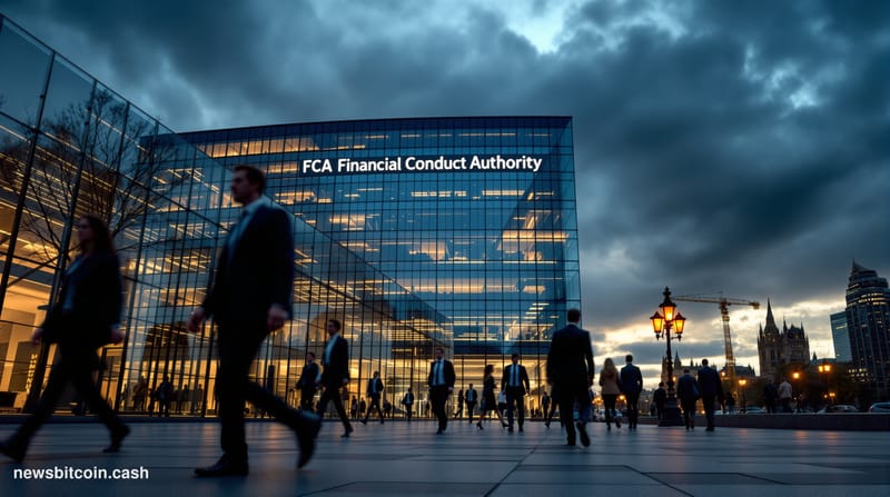 A cinematic photorealistic editorial photograph showing the imposing glass and steel facade of the Financial Conduct Authorit