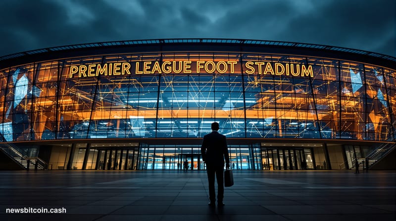 A cinematic photorealistic editorial photograph showing the iconic facade of a Premier League football stadium at dusk, with 