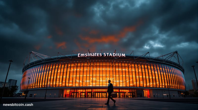 A cinematic photorealistic editorial photograph showing the iconic Wembley Stadium or Emirates Stadium exterior during golden