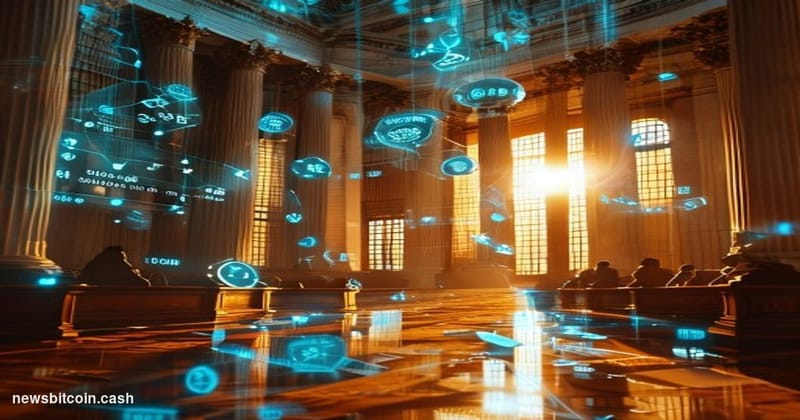 A cinematic photorealistic editorial photograph showing a dramatic courthouse-style setting with glowing digital voting inter